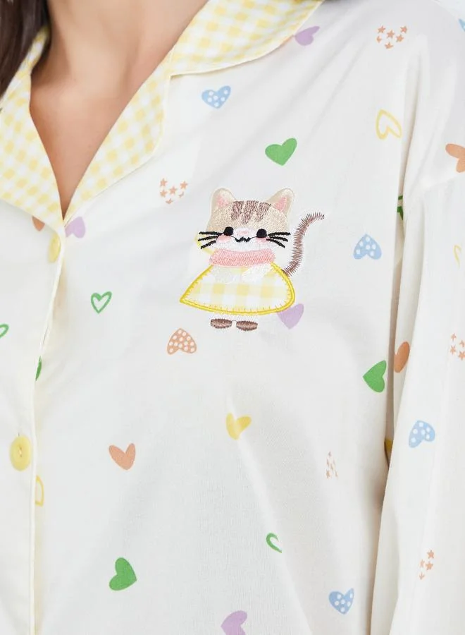 Styli Women Heart Print Long Sleeve Shirt and Pyjama Set